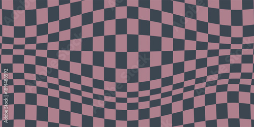 Psychedelic Checkerboard. Wavy groovy chessboard surface. Abstract checks seamless vector pattern. Wave distortion effect. Vector illustration.