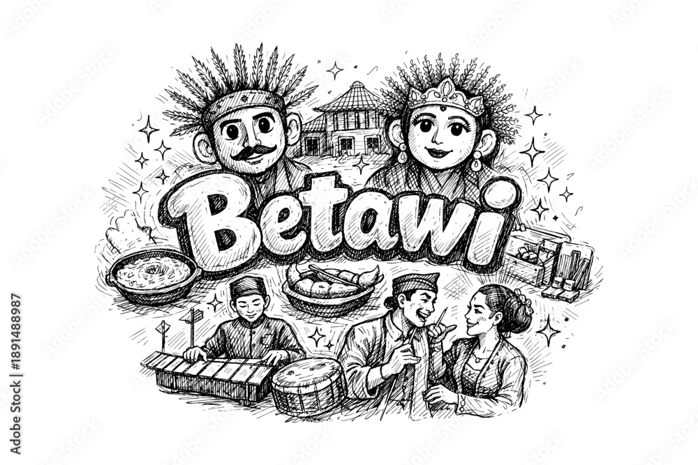 Fototapeta premium Celebrating betawi culture: traditional art, cuisine, and heritage in black and white sketch