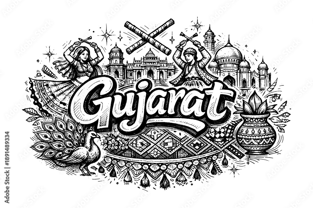 Fototapeta premium Gujarat celebration: traditional dance and architecture in detailed ink art