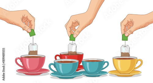 Adding Tea Bags to Colorful Tea Cups in a Row Creates a Peaceful Moment of Stillness