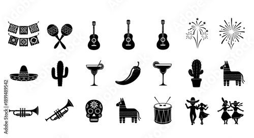 Cinco de Mayo Elements: Festive Black Silhouette Icons Celebrating Mexican Heritage