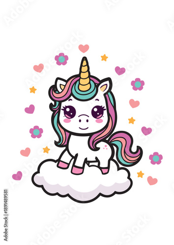 PrintCute Kawaii Unicorn on Cloud with Hearts and Stars