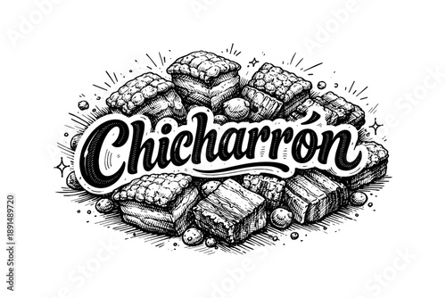 Delicious chicharrón snack in detailed black and white sketch art