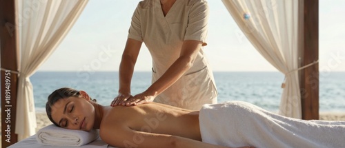 Luxury open air beachfront spa with professional massage therapy in serene ocean setting