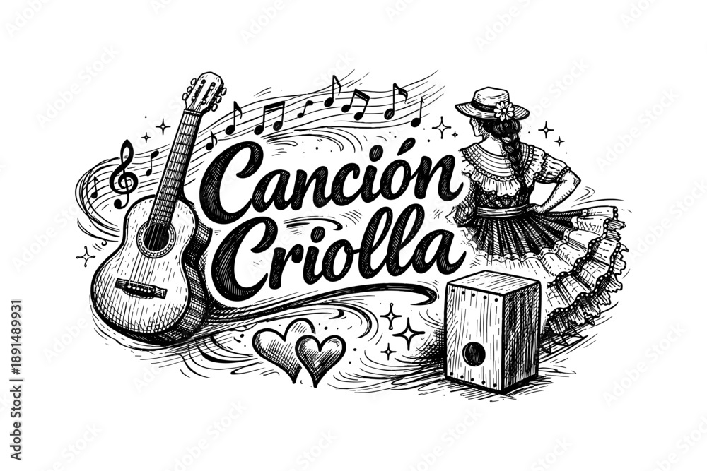 Fototapeta premium Traditional criolla music art with guitar, cajón, and dancing woman