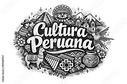 Peruvian culture monochrome art with inca motifs and traditional elements
