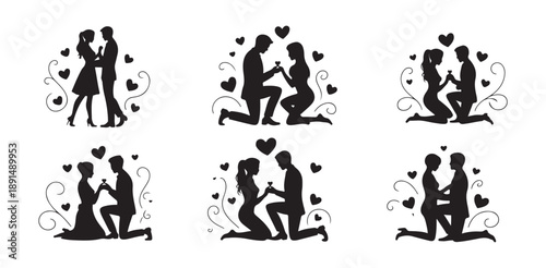 Set of marriage proposal silhouettes. couples getting engaged, romantic moments, vector illustration