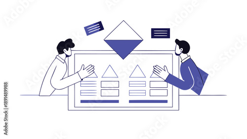 Two coworkers collaborating on a project with a large computer screen and graphs
