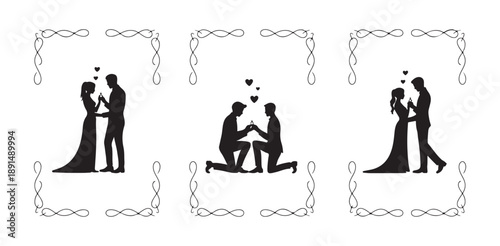 Set of marriage proposal silhouettes. couples getting engaged, romantic moments, vector illustration