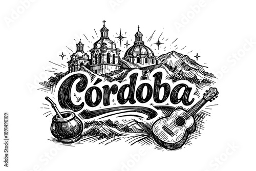 Córdoba cityscape with guitar and mate in detailed hand-drawn graphic design