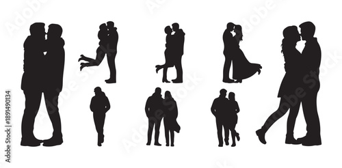 Silhouettes of romantic couples in various poses, illustrating love, affection and togetherness