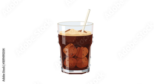 Refreshing Iced Coffee Glass with Creamy Foam and Straw Featuring Condensation Droplets on White Background