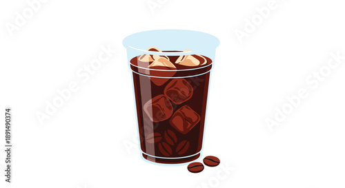 Chilled Iced Coffee in a Plastic Takeout Cup with Coffee Beans and Ice Cubes Isolated on White Background Art