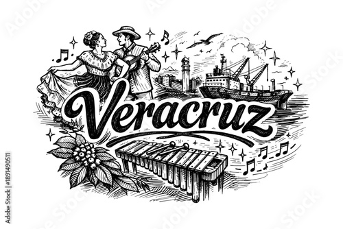 Vintage veracruz design with dancing couple, ship, and musical elements