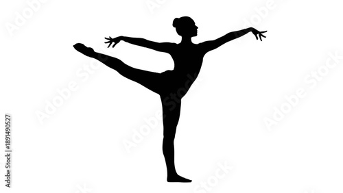 Silhouette of a ballet dancer performing an arabesque pose.