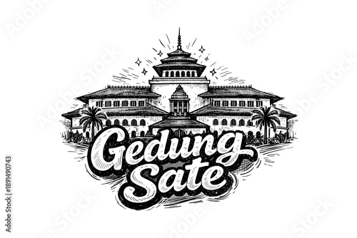Vintage sketch of iconic gedung sate architecture with stylized typography
