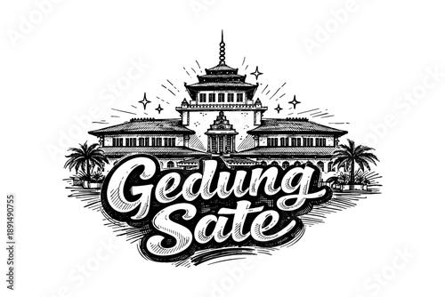 Intricate hand-drawn architecture of gedung sate with elegant typography