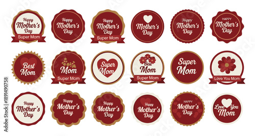 Celebratory Round Emblems: Happy Mother's Day Greetings and Adorable Super Mom Designs
