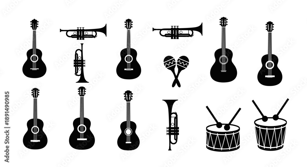 Obraz premium Musical Instruments Silhouettes: Guitars Trumpets Drums and Maracas on White Background