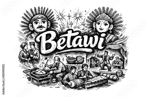 Betawi culture in detailed black and white design featuring traditional elements and celebrations