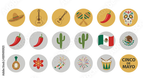 Colorful Cinco de Mayo Icons Celebrating Mexican Culture and Holiday Fun Design