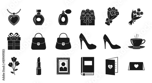 Gifts for Her: Black and White Silhouette Icons of Presents and Accessories Collection