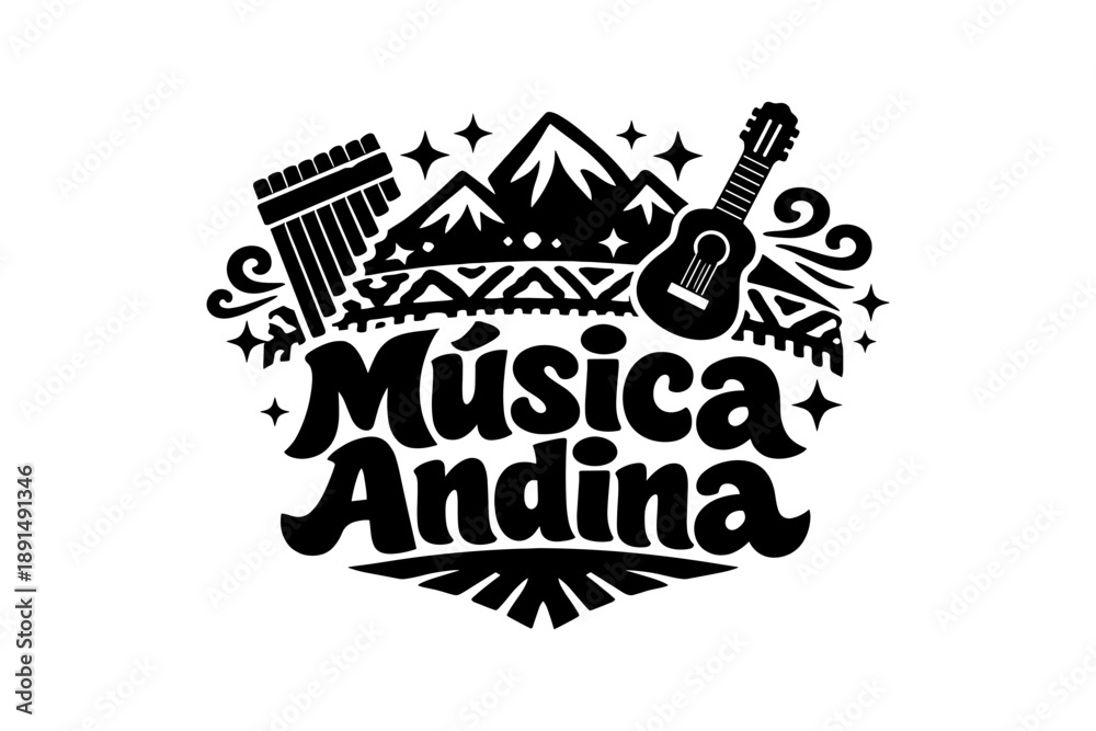 Fototapeta premium Andean music emblem with pan flute and guitar
