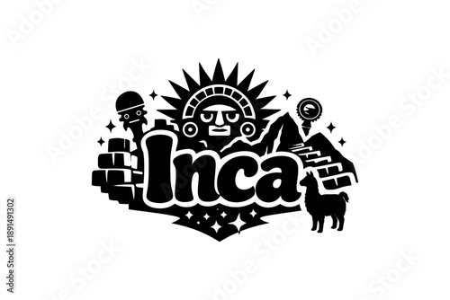 Inca culture silhouette with sun god, machu picchu, and llama