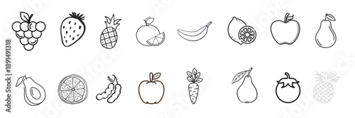 Collection of Fresh Vegetables Line Art Icons - Carrot, Pea, Pepper, Tomato, Asparagus, Pumpkin isolated on transparent background