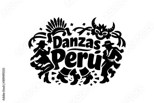 Peruvian dance celebrations silhouette with traditional costumes and mask