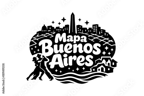 Buenos aires cityscape with iconic landmarks and tango scene - black silhouette design