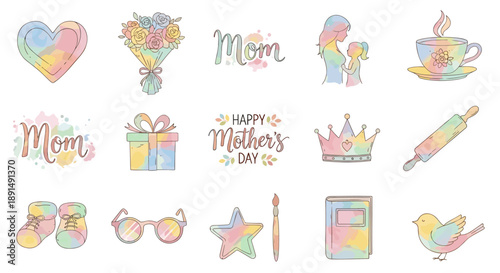 Pastel Mother's Day Elements Illustration: Gifts Love and Celebration of Moms