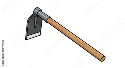 An isometric illustration of a traditional garden hoe featuring a sturdy wooden handle and a durable metal blade, perfect for cultivation and