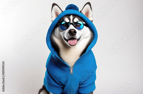Cute Siberian Husky dog in blue hoodie and sun glasses on white background.