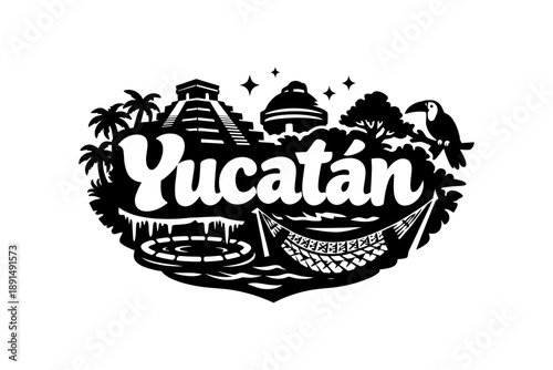 Black and white yucatán design with chichen itza and tropical elements