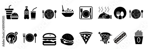 Collection of Food Icons: Fast Food, Meals, Drinks, and Dining Settings isolated on transparent background