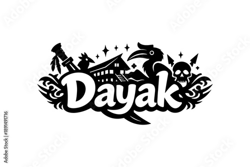 Dayak culture graphic with tribal symbols in bold monochrome design