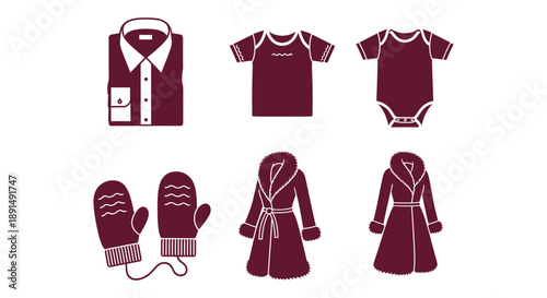 A set of maroon clothing icons including a folded shirt, baby apparel, and winter outerwear
