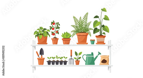 A delightful and vibrant flat design illustration showcasing an assortment of potted plants alongside essential gardening tools neatly arranged on