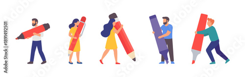 People with giant pens and pencils. Flat cartoon characters symbolizing education, study, and teamwork.