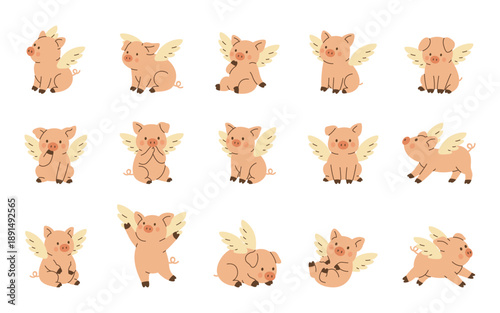 Set of flying piglets with wings in different poses. Cute fantasy pig cartoon vector collection for kids, whimsical art, and playful farm designs