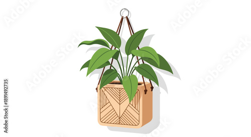 Stylized illustration of a vibrant green houseplant in a decorative geometric patterned square pot suspended by ropes a serene indoor botanical