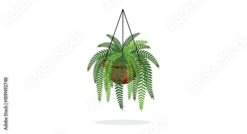 Vibrant green fern cascading gracefully from a rustic hanging pot, illustrating natural indoor plant beauty and tropical foliage aesthetics, perfect