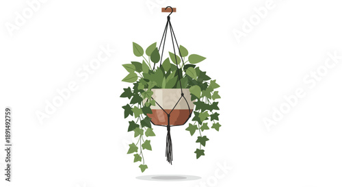 A stylized illustration of a vibrant hanging potted plant featuring a macrame hanger and diverse foliage.