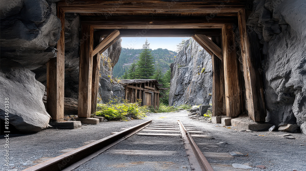 Fototapeta premium Old wooden mine entrance railway track rocky cliff green tree mountain abandoned sunlight outdoor peaceful nature