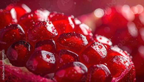 Vibrant CloseUp of Juicy Red Pomegranate Seeds glistening with Water Droplets illuminated by Warm Sunlight Creating a Refreshing and Healthy Food Concept