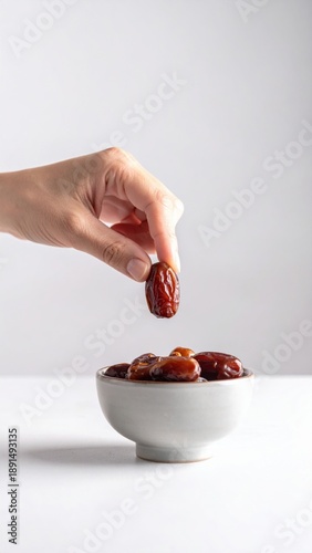 Hand holding a single dried date fruit over a white bowl filled with dates against a clean white background with soft lighting