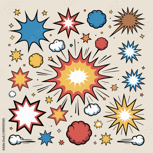 Collection of colorful comic-style explosion and burst shapes, featuring starbursts, clouds, and dynamic impact effects, ideal for cartoon graphics, pop art, comic panels, and creative illustration pr