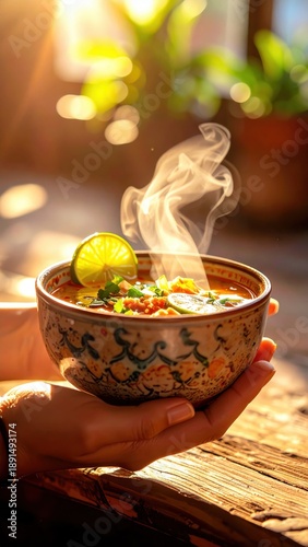 Warm Steaming Bowl of Savory Soup Garnished with Lime and Herbs Held by Hands in Soft Sunlight