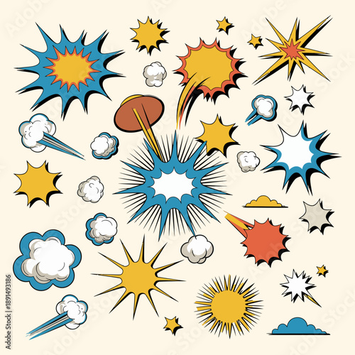 Collection of colorful comic-style explosion and burst shapes, featuring starbursts, clouds, and dynamic impact effects, ideal for cartoon graphics, pop art, comic panels, and creative illustration pr